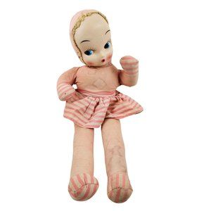 Etone Doll Plush Plastic Face Pink White Stripe Rosy Cheeks Blue Eyes Vintage